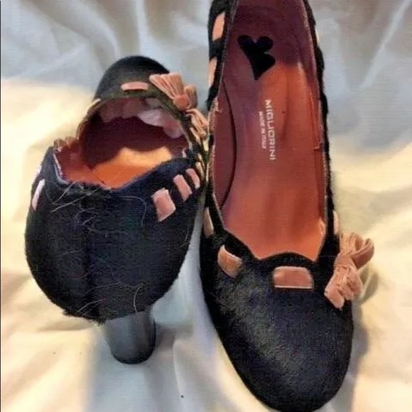 VINTAGE MIGLIORINI BLACK PONYHAIR PINK TRIM PUMP SHOES 37 - Picture 2 of 8